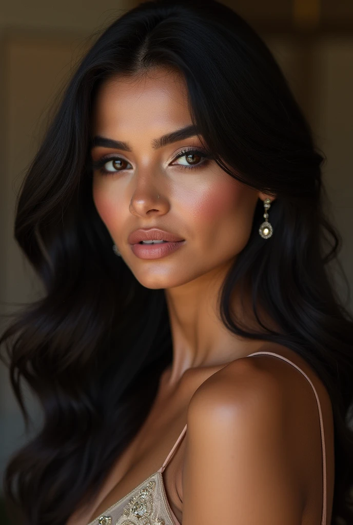 Higher resolution frontal portrait photo of a woman named Lydia Grace, showcasing a radiant oval face that exudes an irresistible elegance and charm. Her long, straight, and cascading black hair falls gracefully over her shoulders, adding a mysterious allure to her enchanting appearance. Her mesmerizing light honey-brown eyes, filled with intelligence and warmth, captivate the viewer with their sparkling gaze.

Lydia's features are perfectly balanced, with an elegant nose and softly defined cheekbones that add to her timeless beauty. Her radiant smile, full and rosy, can light up any room, leaving an everlasting impression on