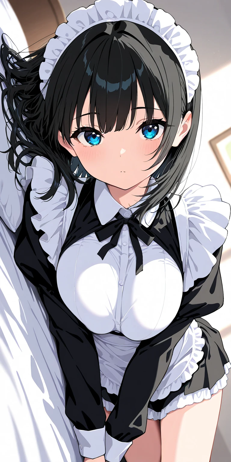 {Girl with shoulder-length black hair named Rico}, maid costume,latex,tall,'', (It feels like saying Hello, daytime hours), indoor,{going out style}, ((Heart-shaped choker) ), (bedroom), Bright background, Mole under the eye, Heart-shaped choker, ((Masterpiece)), Highly detailed CG Unity 8k wallpaper), Top quality, One girl, Detailed background, beautifully detailed eyes, heart shaped pupils,hollow eyes, looking at viewer,(very delicate and beautiful)), ((beautiful) eyes (detailed description),extra large breasts,lace underware,floating heart,brainwashed,sadistic smile