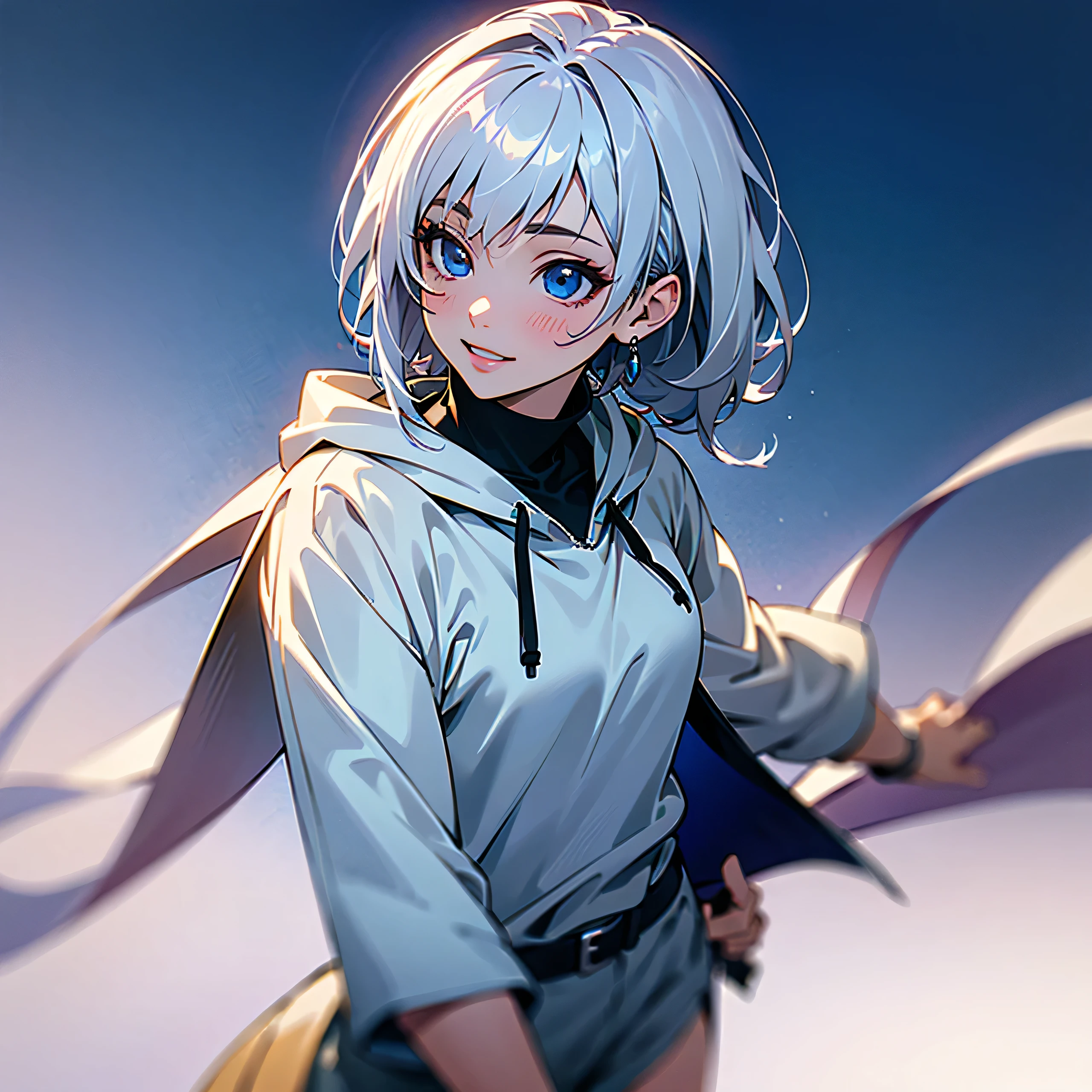 1girl, anime, short white hair, white hair, silver hair, bright eyes, blue eyes, light_blush, smiling, happy, gazing, standing in a park, oversized hoodie, full body portrait