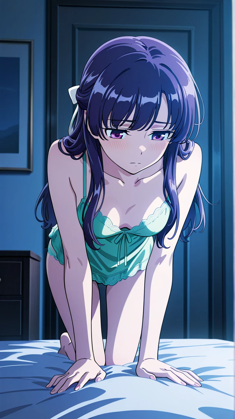 (Best Quality,hight resolution,masutepiece:1.2),Ultra-detailed,(Realistic,Photorealsiticです,Photorealsitic:1.37),Game CG,1girl in, 16yo girl, Blue hair, (half up:1.1), (small tits:1.3), (Purple Nightgown、Transparent), Eyes and faces with detailed, I'm blushing, Bewitching look, Soft lighting, Full-body angle, Western-style room、bet、Sleeping、laying on back、Thighs