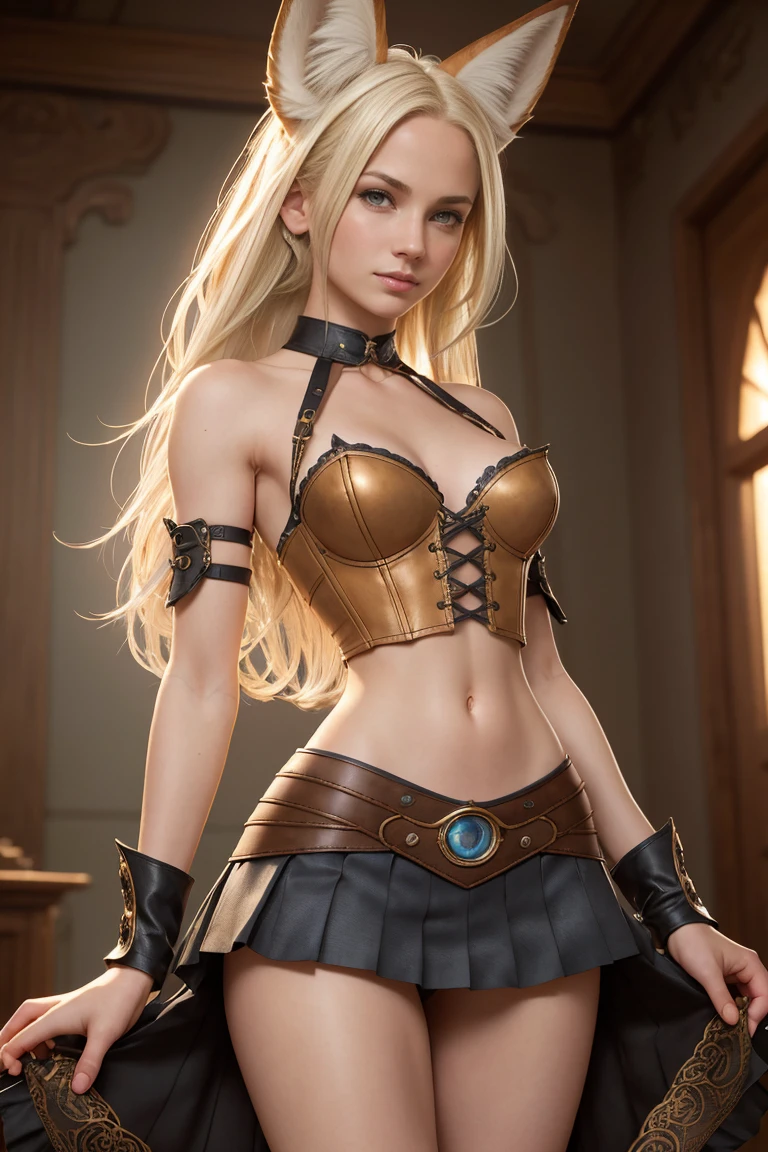 close up 1girl in, teenager, Solo, Aesthetic artwork, blond, straight blonde hair, super long blonde hair, light blue eyes,  some small freckles, pale skin, A-cup, (large fox ears:1.25), small breasts, runners body, (thin hips, thin waist: 1.25), detailed skin, shy smile, wearing a steampunk outfit with lace, leather corset, ornamental copper parts, portrait, pleated skirt, 50mm, 8k textures, soft cinematic light, RAW intricate, elegant, highly detailed, sharp focus, ((((cinematic look)))), soothing tones, insane details, intricate details, hyperdetailed, low contrast, soft cinematic light, dim colors, exposure blend, hdr, faded