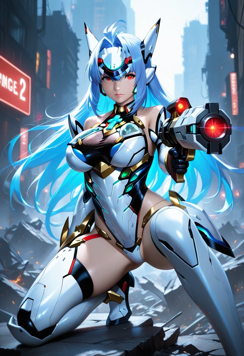 science fiction, android girl(metal skin, cyber joint, big breast, tall, long hair), have gun