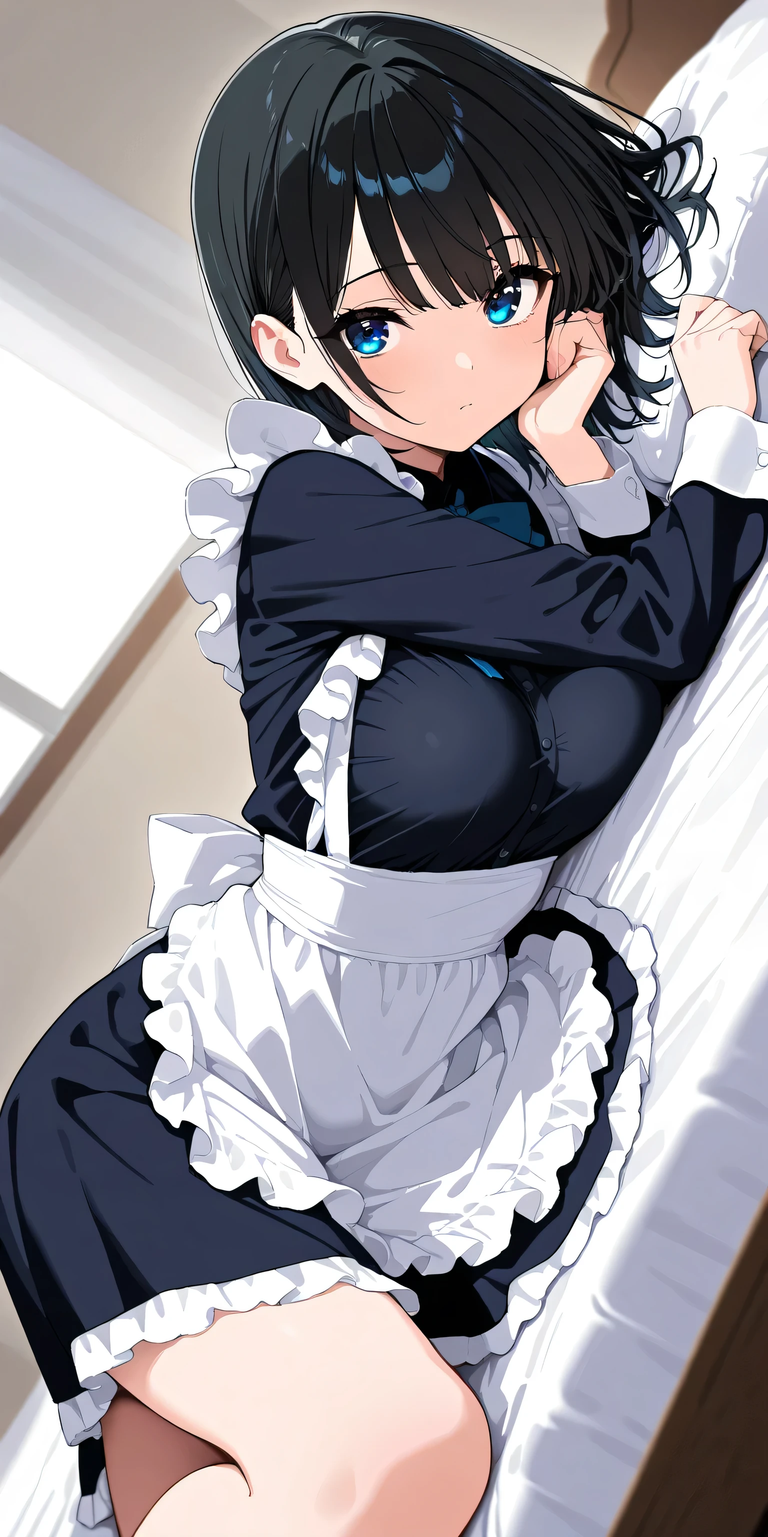 masterpiece, best quality, high resolution, high details, beautiful girl, perfect face, very cute face, (cool girl), Rurikawa Tsubaki, 1 girl, solo, she is maid, slender, round body, (medium hair, shoulder length hair, the mean girl leader hair style, black hair, glossy hair), blue eyes, look at viewer, she is wearing maid clothes and skirt:1.3, busty breasts, soft breasts, bedroom, (she is lying on bed, open legs), dutch angle, focus a girl