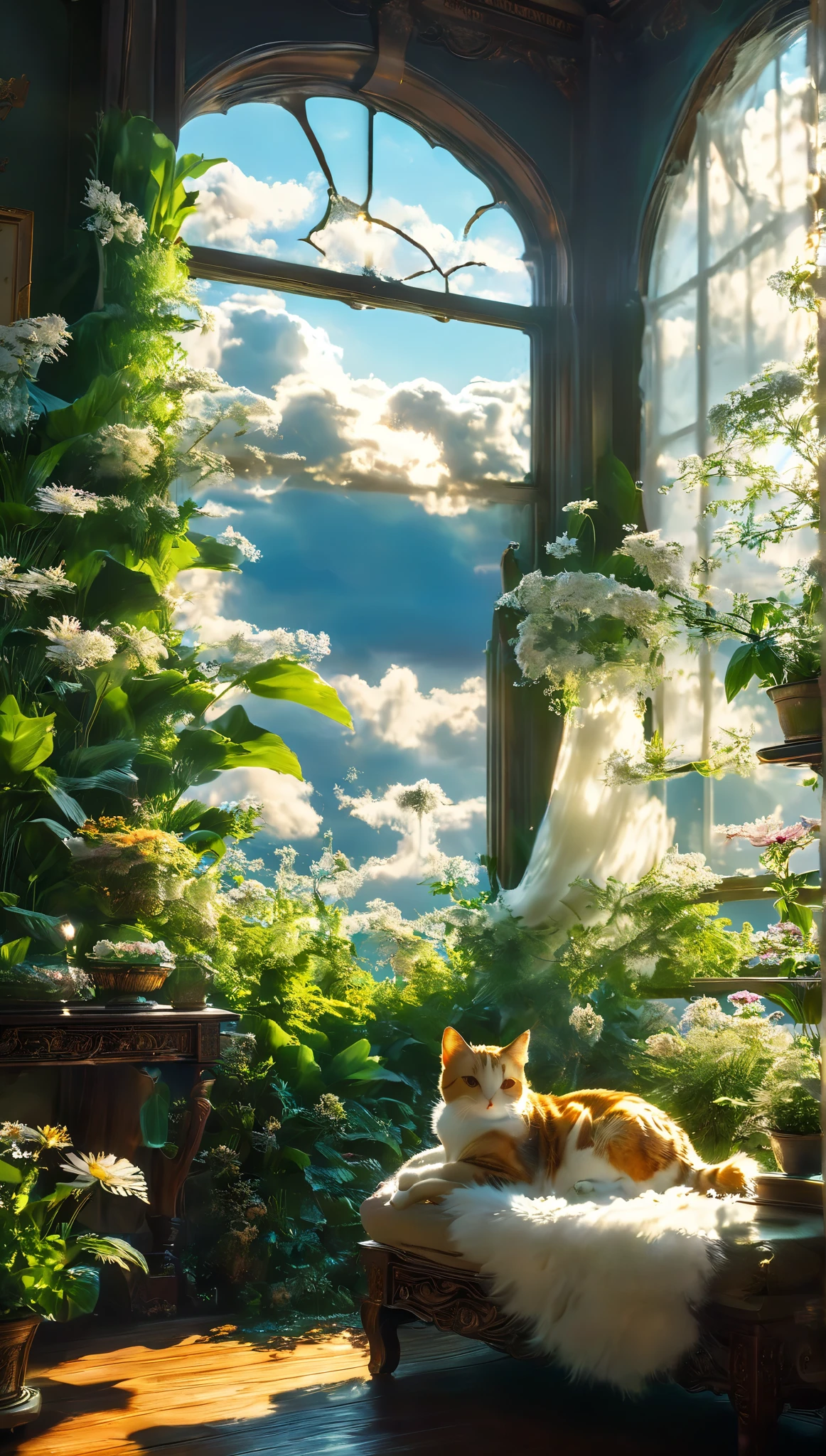 bigきな窓から雲がかかった楽園の眺めが楽しめる、There&#39; I can see paradise 、Create a peaceful scene with a few butterflies flying in 。,  creates stunning realism and fantasy scenes ,  uses Octane 、 is sure to be an official illustration masterpiece . This conceptual art should be a masterpiece of official illustration,  creates a cozy and inviting atmosphere 、  achieves the highest quality  .

The room is warm, wooden interiors with Luxury furniture,  creates a cozy and inviting atmosphere . big,  The area is covered with lush green hills ., surrounded by elegant drapes that gently sway in the breeze. 窓のoutsideを通して,  mystical ,  covered by clouds , soft, Golden Light.

outside,  is breathtakingly beautiful 、 sparkling flowers outside .。,  bright green and shiny , Blooming flowers々.  the sky is dark, Fluffy Clouds, 端が神聖な光in輝いている.  clouds are slowly moving ,  Enjoy a view of paradise with clouds through large windows .

In the foreground,  I have a cat in my cozy room , delicate,  glowing plants and ancient things , 雄bigな木々.  mystical 生き物,  realistic and imaginative ,  walks gracefully through the garden ,  The quiet pond reflects the light of heaven .

This composition is、 adds a sense of wonder and serenity 、雲に覆われたoutsideの楽園の息を呑むような景色を捉えています。.  Rendered by Octane 、 It's a cozy room interior , Luxury furniture,  and heavenly light ,  creates ever-changing light and shadow patterns Paradise .

All elements, 家具の精巧な彫刻からoutsideの輝く花まin, meticulously crafted to create vivid and immersive experiences.  This numerical work of art 、as imagined by artists such as Caspar David Friedrich、It embodies serene imagination and perfect composition。. Mozart.。. m .in. Turner , A true masterpiece.