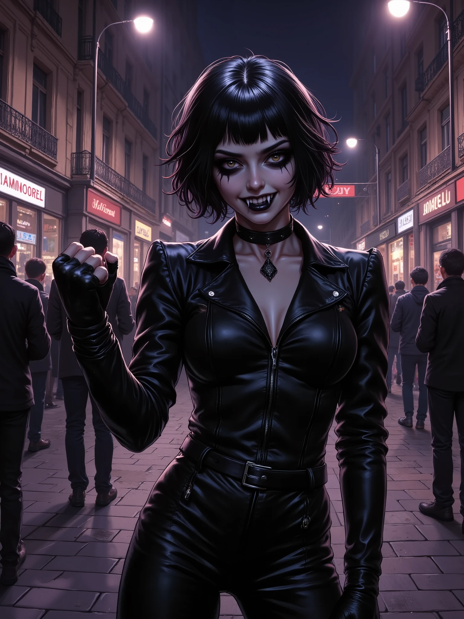 Illustration of an 18 year old girl, Italian face, black eyes, short black hair, modern victorian gothic look, pale skin with black makeup, black lips, (((vampire fangs))), monstrous fangs, modern gothic clothing, black leather pants, Rough look, violent gesture raising a threatening fist. In the background a night street full of people.
