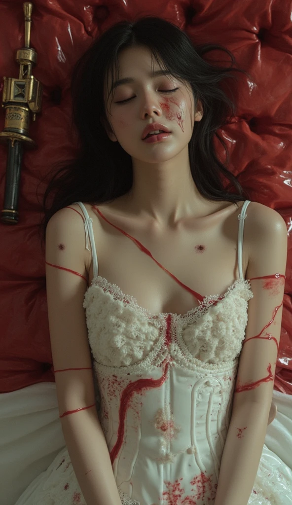 Best image quality, Excellent details, Ultra-high resolution, (realism: 1.2), ((Cowboy Shot:1.2)), Best illustrations, Favorite Details, A young Korean Idols woman and very condensed woman, 35 years old, Beautiful and delicate facial features, Perfect Proportions, ((From up)),((((Lie on your back on the ground, Close ~ eyes,defeat with blood)))),Perfect small Breasts, Chubby:0.4, ((A swollen belly like perfect body woman)),((I like spring suits, white and red mech)), The background is a military base, (wet shot:0.4).