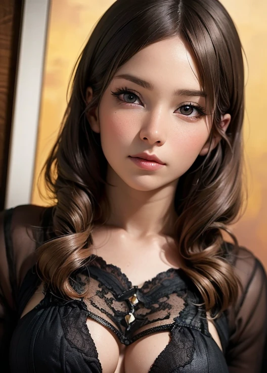 Ultra-high resolution, Superior Quality, Highest quality, Super detailed, Realistic, 8k, RAW Photos, Highest quality, masterpiece, Attractive girl, A wonderful girl, Brown Hair, Shoulder-length layered, Asymmetrical bangs, Japanese Idols, Sophisticated, stylish, Lace blouse,On the hotel bed