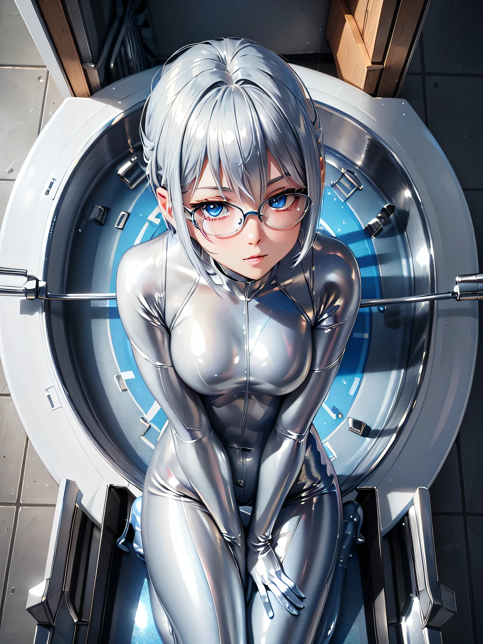 Highest quality 8K UHD、Mastepiece、Close-up、short hair、Muscular、Blue Eyes、Silver Hair、Glasses、Leg spread、A beautiful woman wearing a sleek all-black metallic suit、Full body black metallic rubber suit
