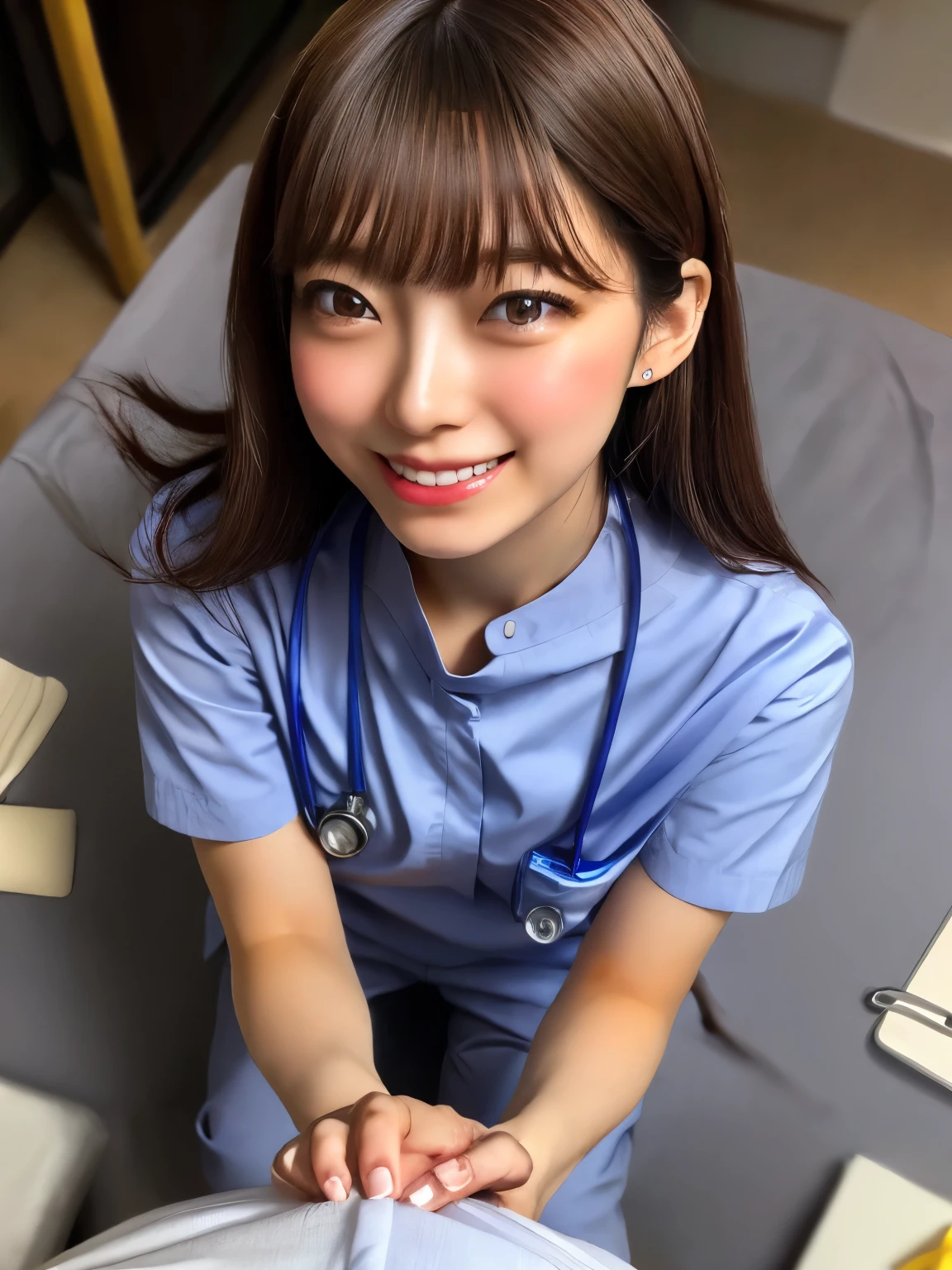 ( best quality, table top, Ultra High Definition, ( exists:1.4), ( Japanese idol), RAW photo、
staring at the viewer , (Nurse, Nurse帽:1.22) perfect face, cute and well-groomed face , shiny skin that sticks out your butt, , couple, throw, one boy standing, ( large bulge on pants :1.22), 1girl kneeling, (hand job), smile, ãéã “ãã , from above, ( open your mouth ), ( squint:1.2)