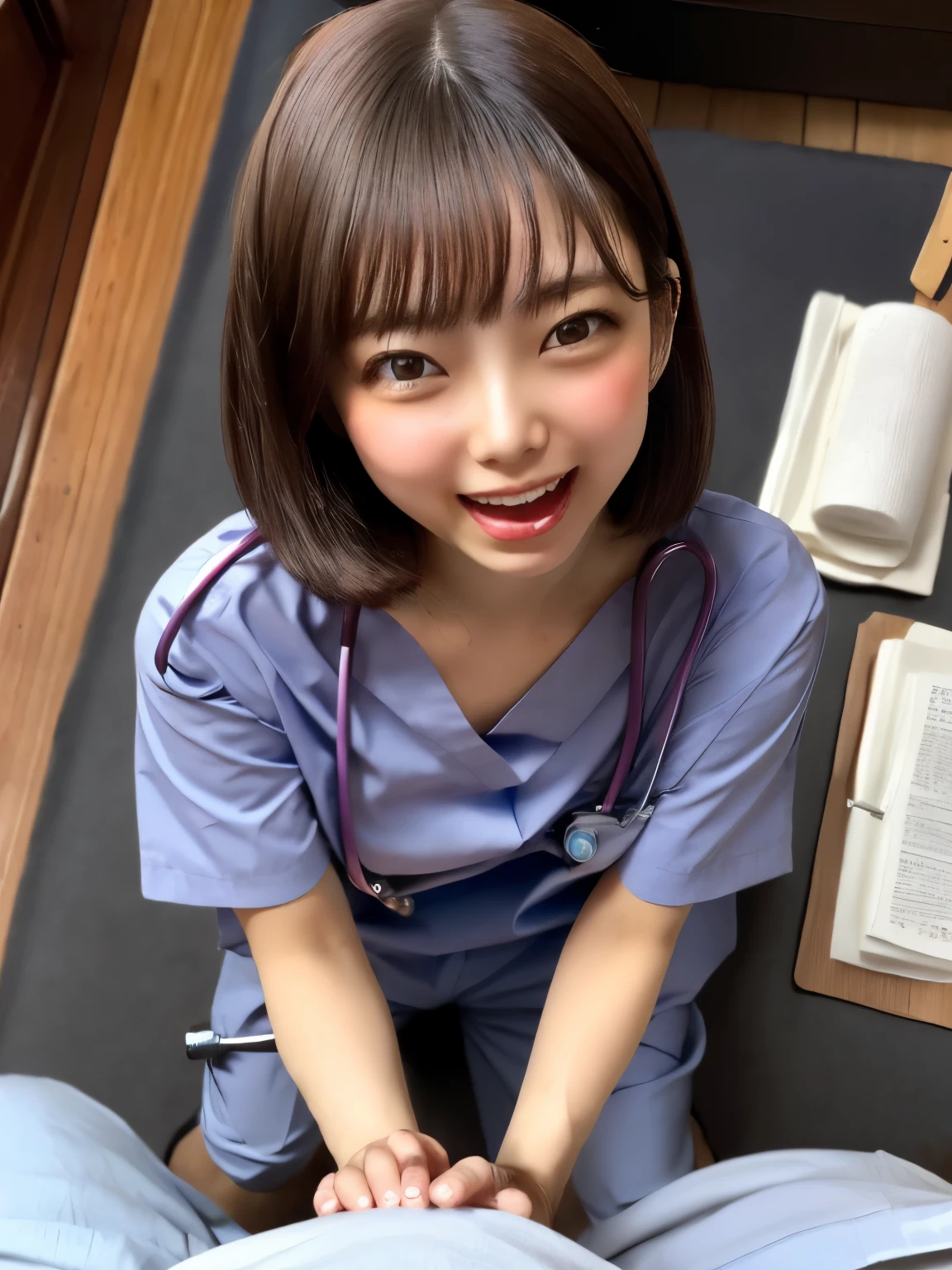 ( best quality, table top, Ultra High Definition, ( exists:1.4), ( Japanese idol), RAW photo、
staring at the viewer , (Nurse, Nurse帽:1.22) perfect face, cute and well-groomed face , shiny skin that sticks out your butt, , couple, throw, one boy standing, ( large bulge on pants :1.22), 1girl kneeling, (hand job), smile, ãéã “ãã , from above, ( open your mouth ), ( squint:1.2)