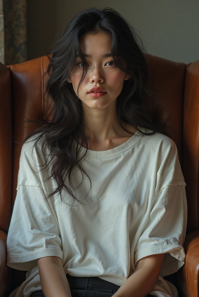realistic, 1woman, long black hair, black eyes, white fashion clothes, sitting in a sofa