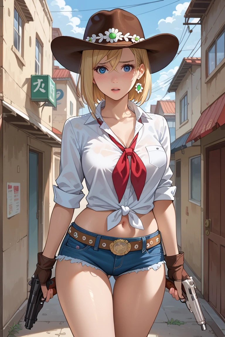 SCORE_9, SCORE_8_UP, SCORE_7_UP, SCORE_6_UP, SCORE_5_UP, SCORE_4_UP, tina armstrong, (2d anime art style), blonde hair, short hair, cowboy hat, casual outfit, croptop, guns on hip, gun belt, midriff, jogging hotpants, cleavage, curvy, armpit, wide hip, huge breasts, navel, (mature female, milf), thick thigs, feminine run, 1girl, [ 4 k digital art ]!!, best anime 4k konachan wallpaper, old wild west city, day, outdoor, absurdres, (ultra detail:1.2), (shiny Skin:1.1), (masterpiece:1.2), (best quality:1.2),
