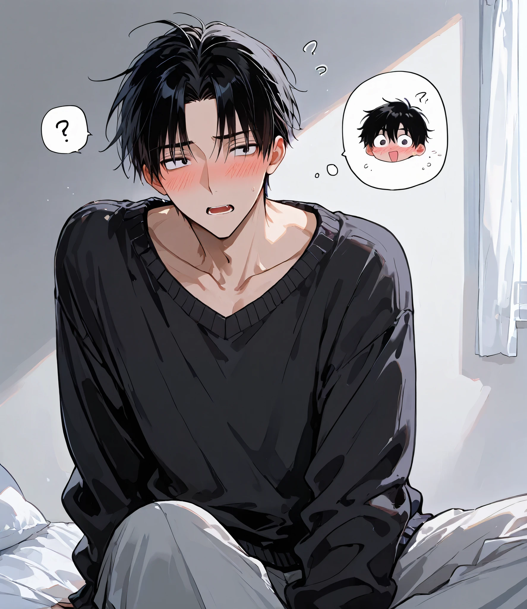 1boy, handsome,wide eyes , sweater, open-mouth, blush, innocent, sitting on bed, adult, question mark, chat bubbles