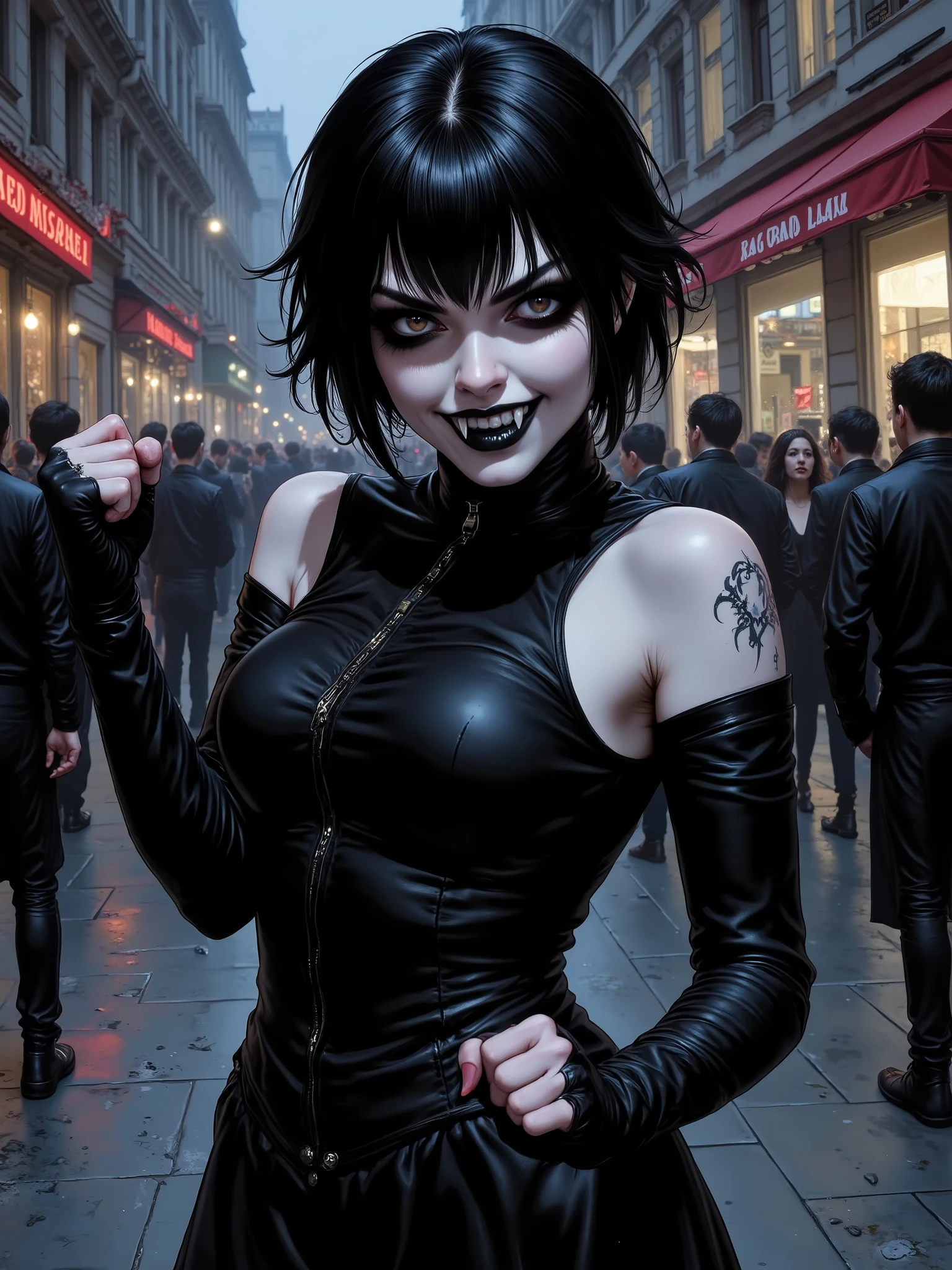 Illustration of an 18 year old girl, Italian face, agresive face, black eyes, short black hair, modern victorian gothic look, pale skin with black makeup, black lips, (((vampire fangs))), monstrous fangs, modern gothic clothing, black leather pants, Rough look, violent gesture raising a threatening fist. In the background a night street full of people.
