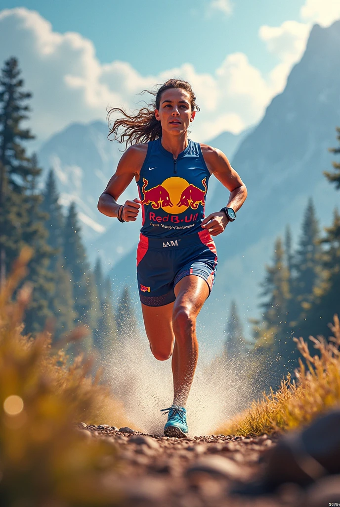 A picture of a beautiful Latina woman running, athletic with red hair, she is running a marathon, sporty woman, Strong body, sexy female athlete, marathon in a city, details of sweat on the skin, She wore a sporty thong and a sporty crop top..
