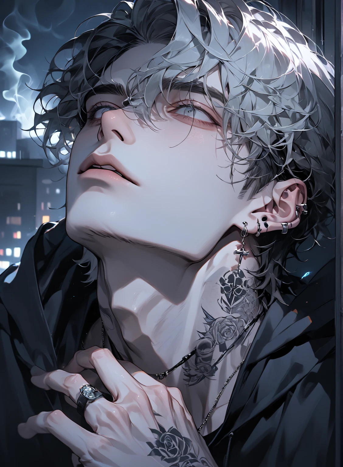 anime styling, young pale white-haired man, fleshy lips, gray eyes, Neck tatoo, piercings na boca, wearing a loose jacket, image up to the chest, sitting at a bar table drinking a glass of beer, background scenery a bar with lots of colorful lights
