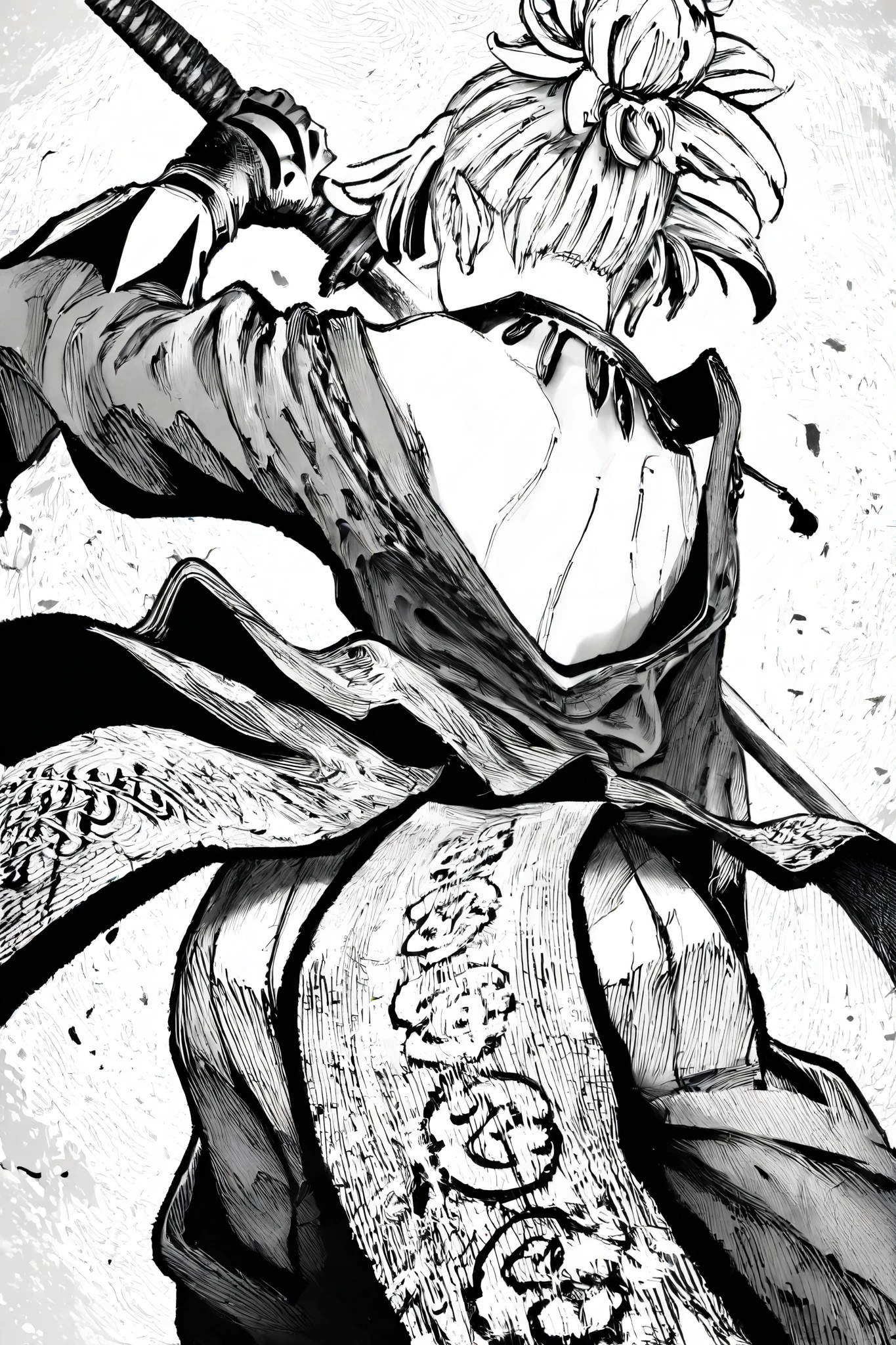 HDR, 8K, high contrast, masterpiece, best quality, amazing quality, very aesthetic, anime artstyle, realistic, hentai art, newest,
BREAK
bounce light, hyperdetailed, detailed hair strands, detailed fibers, monochrome, greyscale, line art, manga, Kentaro Miura, Berserk art style, Timbrook
masterpiece, semi-realism, hyper detailed hatching,
foreshortening, perspective, dynamic angle, dynamic perspective angle, very aesthetic, Dynamic pose, white background,
1girl, holding katana, from behind, unsheathing blade, sheathe, looking to side, flowing garments, bun hairstyle, white hair, (back to viewer: 1.0), greyscale, monochrome,