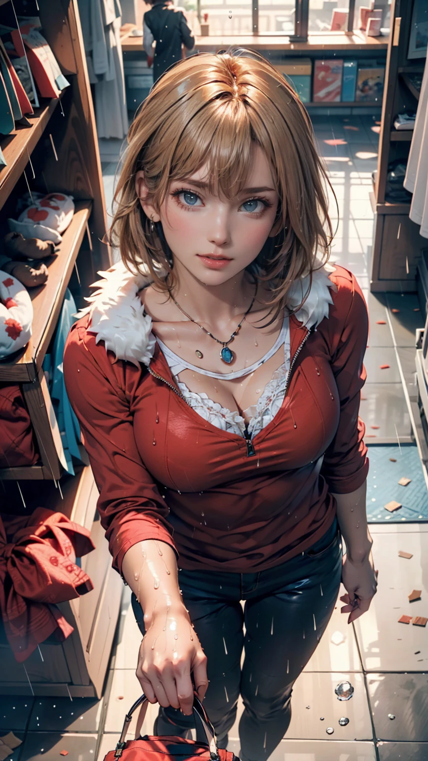 ((((masterpiece, Highest quality, High resolution)))), Very detailed16K, スリムな体を持つsexyな美しい21歳の日本人の女の子, (Ultra HD, Very detailed, Very detailed, Very realistic, Ultra-realistic, Photo Real), (One girl:1.5), (Light blonde hair:1.2), Short Bob Cut, (Dynamic pose), To the camera, A light smile, (Huge shiny breasts, Glowing Skin: 1.2), (Beautifully detailed face, Beautiful and delicate brown eyes), (Shiny white long captain cotton jacket, The zipper on the chest is wide open and won't close, Black see-through lace bra, Shiny black cotton pants:1.5), (Pink nipples are visible:1.2), Shine, Sweat, (Beautiful sunset, Soft sunlight), sexyな長い脚, naked,Exposed breasts,sexy, blush,Looking up at the sky, Ultra-realisticな広大な風景, photogenic scenery,Standing on the board in a shiny pose, Luxury Yacht , Windy Day,Hair blowing in the wind