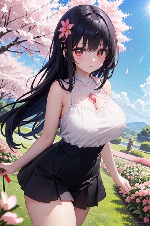realisticlying,1girl,black color hair,Purple eye,glowing light eyes,Cut the top,a skirt,parted lip,Be red in the face,the night,fresh flowers,suns,rays of sunshine,Oversized J-cup cup big breasts,Wearing a cheongsam,