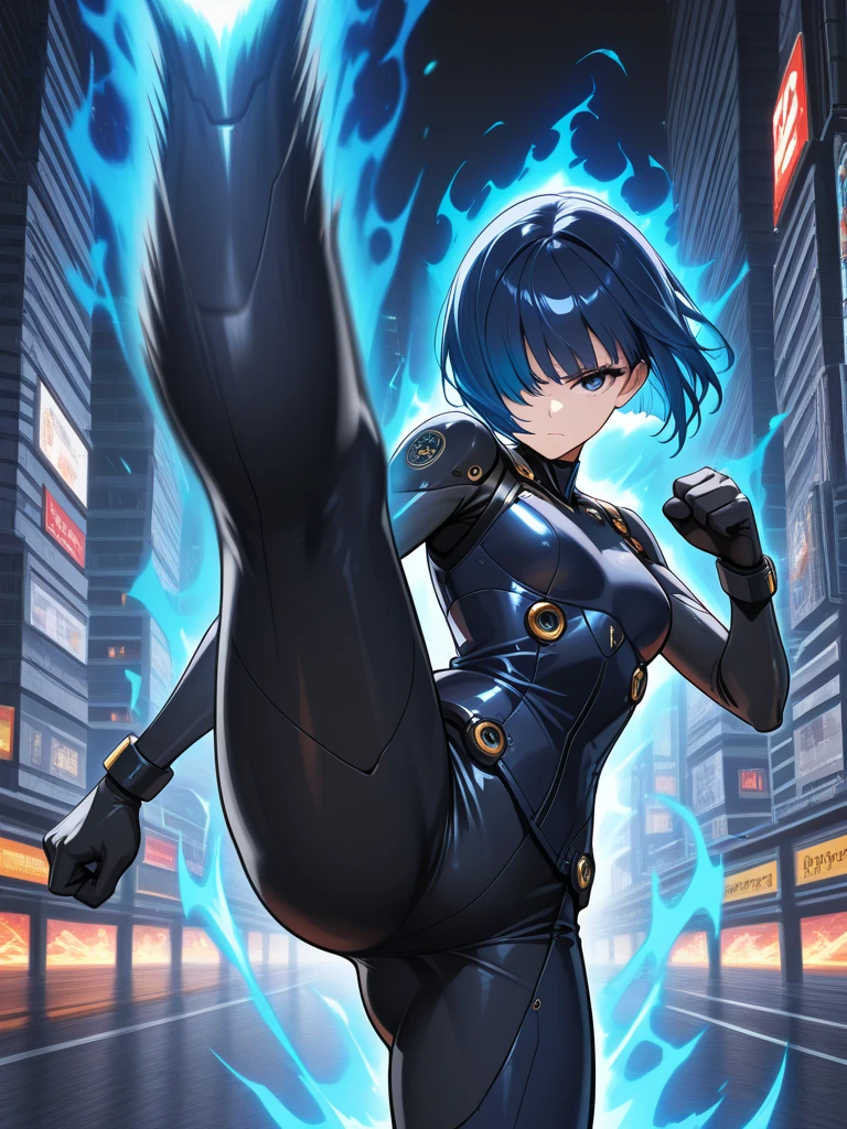 1girl, wide hips, large breasts, wide hips, blue hair, short hair, very short hair, blue eyes, bodysuit, black bodysuit, futuristic, machinery, science-fiction, tech, shoes, sneakers, neon trim, blue neon trim, full body, bunny ears, rabbit ears, light smile, happy, car, sports car