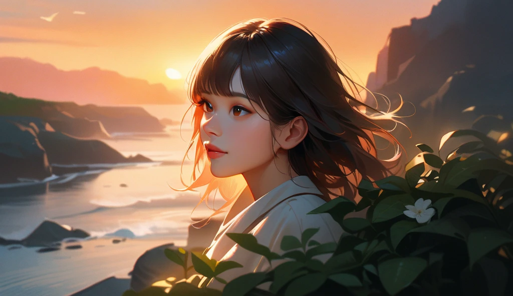 masterpiece, best quality, movie still, 1girl, cloud girl, floating in the sky, close-up, bright, happy, warm soft lighting, sunset, (sparks:0.7)
