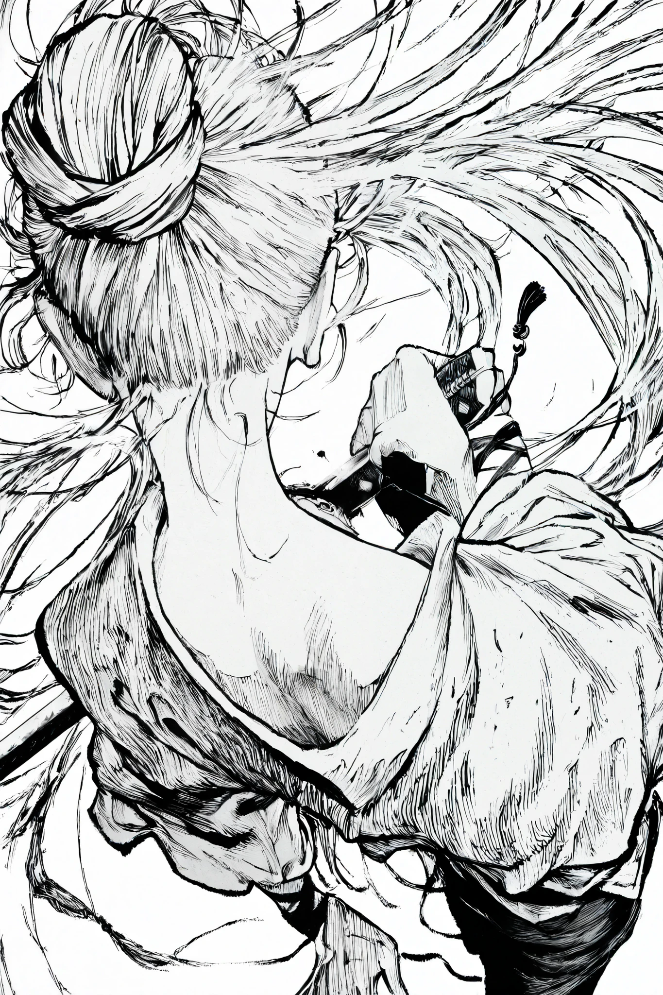 HDR, 8K, high contrast, masterpiece, best quality, amazing quality, very aesthetic, anime artstyle, realistic, hentai art, newest,
BREAK
bounce light, hyperdetailed, detailed hair strands, detailed fibers, monochrome, greyscale, line art, manga, Kentaro Miura, Berserk art style, Timbrook
masterpiece, semi-realism, hyper detailed hatching,
foreshortening, perspective, dynamic angle, dynamic perspective angle, very aesthetic, Dynamic pose, white background,
1girl, holding katana, from behind, unsheathing blade, sheathe, looking to side, flowing garments, bun hairstyle, white hair, (back to viewer: 1.0), greyscale, monochrome,