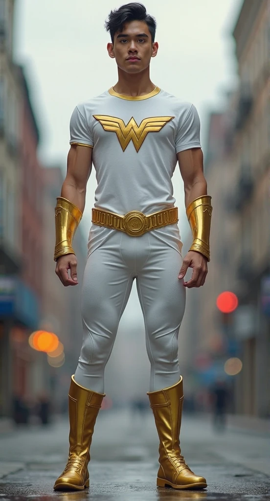 Create the image of a hero, here is his description:
- First: tanned.
- Hair: Smooth and medium-sized.
-Mask: white covering only the eyes.
- Uniform: offwhite, with gold details, on the chest there is a golden star.
- Layer: gilded