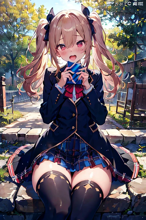 Cruel ((plump ((メスガキ ロリビッチ)) goddess)) with long hair sitting on bridge with her pretty perfect feet up while reading, wearing golden bracelets and anklets, short pleated skirt, plump thighs in fishnet stockings, backpack next to her, high quality photo, in the middle of the Tokyo cannabis forest behind her, driving