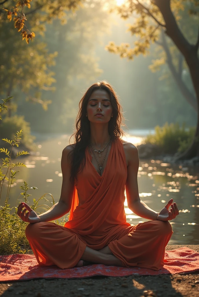 Create a real photograph, of a woman sitting meditating, with a long-sleeved orange dress, in a meditative state, in a natural environment, exuberante, quiet, smooth light.