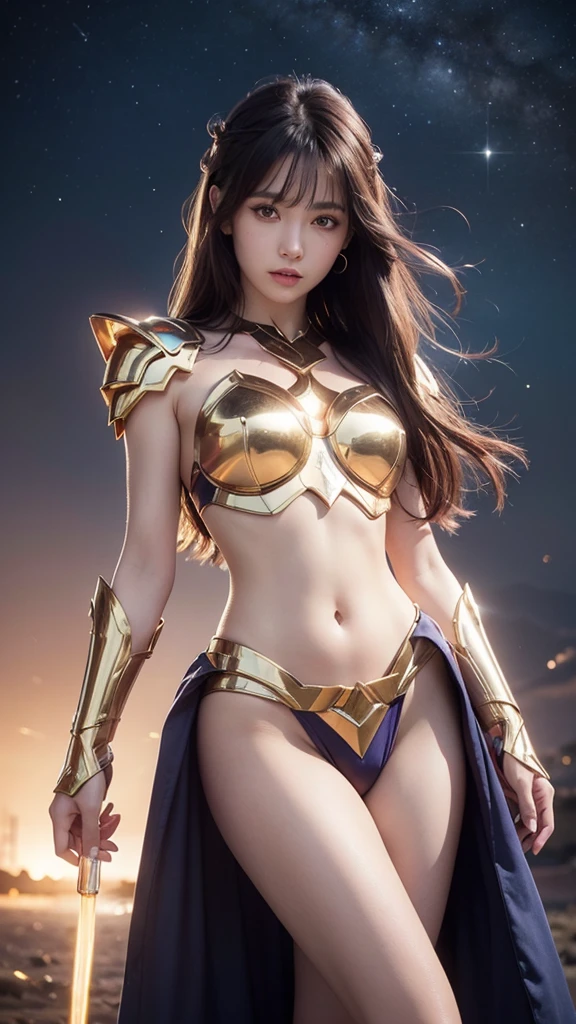超現実的なSuper Detail写真 , 8k, Super Detail, masterpiece, Best Quality, Hi-Res, realistic skin texture, (Female person々:1.2), , beauty, cool girl, Long purple hair,With a sharp eye, having poor eyesight , armature, (photorealistic:1.4), Hi-Res, Raw Photos, One Girls, shiny skin, ( detailed skin:1.2), realistic skin texture, Best lighting, Sparkle, Mech Armor, dramatic lighting, Saint Seiya Battle Pose , (Santuary Background:1.3), USING ENERGY COSMO YELLOW , Cosmos, Athena's Armor, Golden Armor, (white skin), (Long blue-purple hair:1.1), um losango de umbigo Hi-Res {x} he wears a long white cloak that goes down to his feet., 2, hair and cloak fluttering in the wind