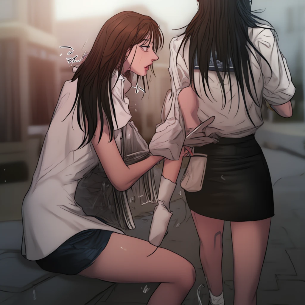 1 man 1 girl Manga comic sensual brunette girl Straight loose hair, blue eyes wet white t-shirt, black tabled skirt In a sensual pose, she teach self defense knee with a woden dummy (bigboob big ass) (wet t-shirt) (highly detailed) (concept art) (manga) (anime) (draw) (face anime detailed) (comics)