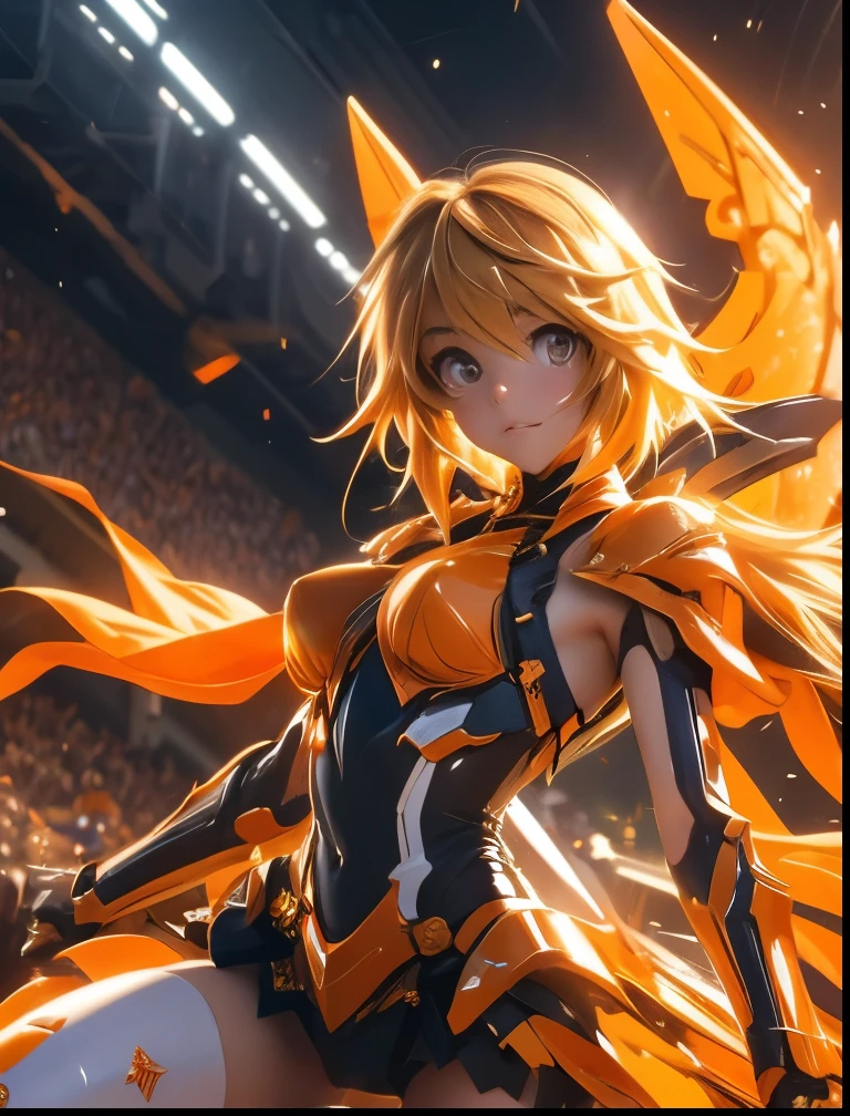 (((SFW、Highest quality、 first class masterpiece 、 Normal Body 、8k、 detailed face 、 super precise、 real color 、5refer to、Highest)))、Charlotte Dunois Charlotte Dunois/ Infinite Stratos、Beautiful Girl、blond hair、ponytail、slender、 slim、Big Breasts、 can be used、ultra-thin high-leg orange leotard、orange powered suit、orange machine foot、orange machine arm、orange wing thruster、Pile Bunker、 Fast Flight 、High speed maneuvering、Beat up、punch