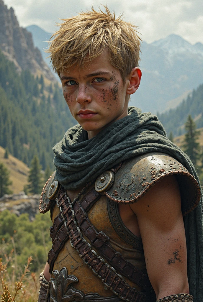 "Create a hyper-realistic, dark fantasy version of Bobby the Barbarian from 'Dungeons & Dragons' (Caverna do Dragão), set in a gloomy, ominous environment inspired by the dark and perilous world of the series. Focus on capturing the intricate details and textures of his face and body while preserving his iconic appearance. Bobby should have his recognizable youthful face, with short, tousled blonde hair and an expression of fierce determination mixed with innocence, reflecting his bravery despite his young age.

He wears his iconic fur tunic, leather boots, and wields his signature club. The fur tunic should be rendered with realistic textures—soft, rugged, and slightly weathered from his adventures. The leather boots should show signs of wear, with detailed stitching and scuffs. His club should look heavy and formidable, with intricate carvings and a worn handle. Pay close attention to the details of his muscular build, the texture of his clothing, and the determined look in his eyes to ensure a lifelike portrayal.

The setting is a dark, foreboding forest typical of the 'Dungeons & Dragons' world, with towering, twisted trees and a misty atmosphere. The background should evoke the series' blend of fantasy and danger, with the environment slightly blurred to keep the focus on Bobby's detailed and realistic portrayal. The textures of his fur tunic, boots, and club should be central, while the environment enhances the dark and intense mood."


