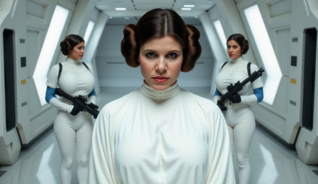 Inside the pristine, white corridors of a Rebel Alliance starship, Princess Leia stands with unwavering resolve, her presence radiating authority and courage. Her iconic white robe, perfectly draped over her slender yet battle-ready frame, flows elegantly as she moves with purpose. The soft fabric catches the overhead lights, creating subtle folds and shadows that enhance the realism of the scene.
Her classic side-bun hairstyle is meticulously arranged, every strand in place, emphasizing her regal yet fierce persona. Her eyes burn with determination, her brow slightly furrowed as she commands the Rebel soldiers around her. Her lips are pressed firmly, exuding both concern and leadership as she delivers decisive orders in the midst of a high-stakes mission.
Around her, Rebel soldiers in white and blue uniforms stand attentively, gripping their blasters with tense anticipation. Their faces reflect a mix of loyalty, urgency, and respect as they listen closely to Leia’s commands. In the background, the ship’s sleek metallic walls gleam under the soft, evenly distributed lighting, reflecting the futuristic yet battle-worn aesthetic of the Rebel fleet. The subtle hum of the ship’s systems, the distant muffled voices over intercoms, and the occasional flickering of control panels add depth to the environment.
Leia’s face is illuminated by the overhead lighting, casting gentle shadows that define her features—from the sharpness of her cheekbones to the determination in her gaze. The camera captures her in a close-up, straight-on shot, drawing attention to the intensity of her expression and the subtle micro-expressions of leadership and concern. The high-resolution 8K detail brings out every texture—from the delicate weave of her robe to the intricate highlights in her hair, and even the faint reflections in her deep brown eyes.
The composition is cinematic and emotionally charged, positioning Leia as the central figure of hope and defiance against the overwhelming powe
