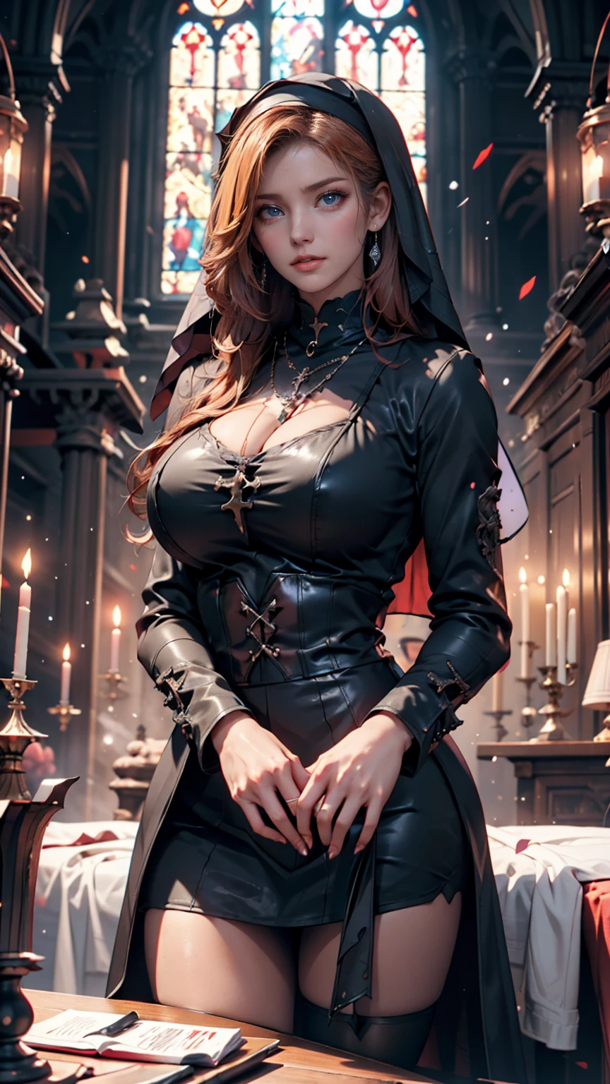 The witch again, 、24-year-old woman、Sexy proportions、erotic、Lace-embellished bondage suit、Chest、High leg、Knee-high boots、Place hands on hips、Gray gradient background、Blonde to red gradation hairstyle ((gradient hair))、Side-swept chignon((good site))
