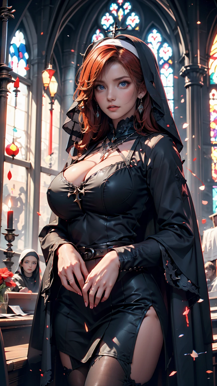 Une femme vampire, gothique, peau pâle, très détaillé, aux cheveux rouge feu, yeux verts perçants, lèvres pulpeuses rouges sombres, Un décolleté plongeant et très ouvert, ultra-sexy, expression aguicheuse, un décor cathédrale sombre, hyper détaillé, Éclairage dramatique, couleurs vives, composition cinématographique, détails en cuir, pose provocante jambes écartées