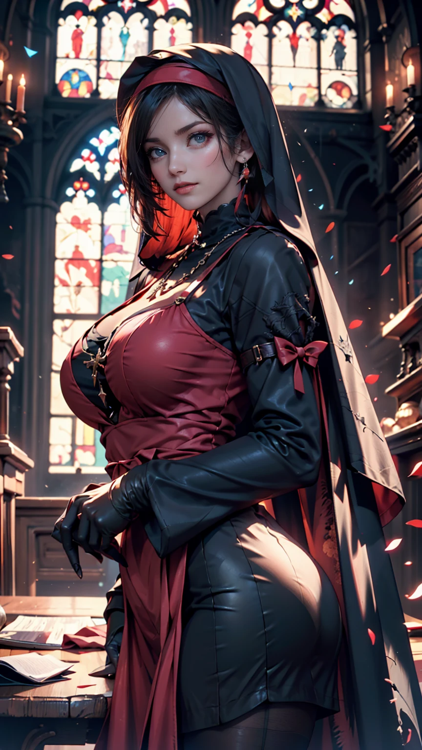 (highest quality:1.2, Very detailed, Latest, Vibrant, Ultra-high resolution, High Contrast, masterpiece:1.2, highest quality, Best aesthetics), (Small face), (Very detailedな肌:1.2), One Woman, (Blue Hair, short hair, Ahoge, Blue eyes), (Slim figure:1.4, Woman with slim body and large breasts), Beautiful Eyes, Glossy Lips, Glowing Skin, Beautiful thighs, ((smile)), ((Random Pause:1.4)), (Off the shoulder, Elegant red dress, Corset belt, Jewelry goods, Beautiful buttons, Long skirt with high waist, Dress design that emphasizes the bust), (Sexy Body), Perfect Fingers, Five Fingers, (church, Stained glass, Beautiful light), Background Blur,