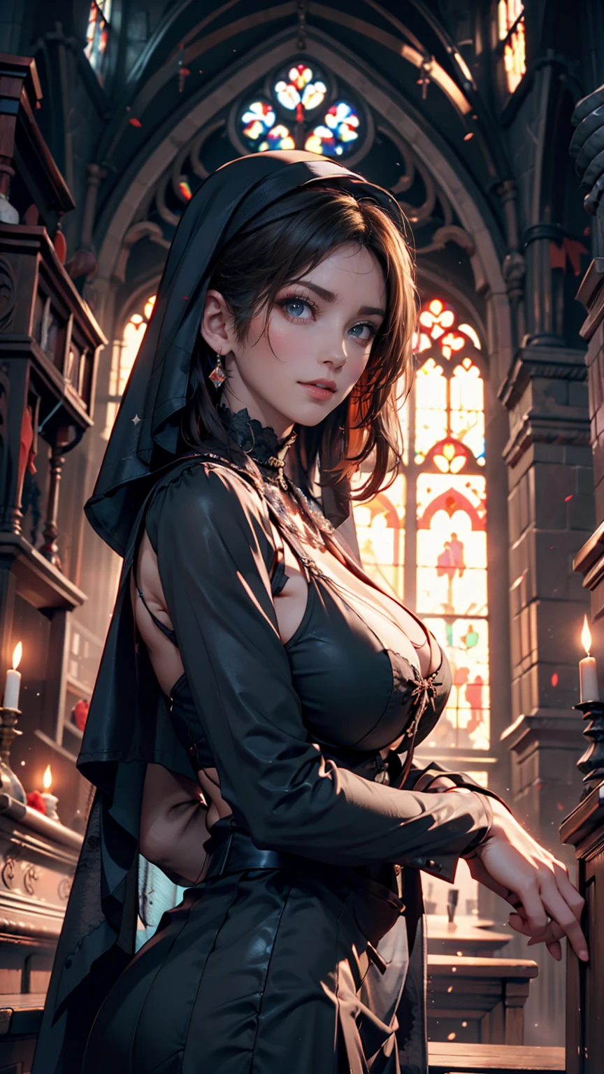 woman dj nun, dark, horror, red tones, gothic church in the background, ultra realistic, horror movie lighting, scary, chaos, neon lights in the background, huge breast, Fujifilm Fujichrome Provia 100F movie, flashlight, ultra realistic, 8K UHD. --auto --s2