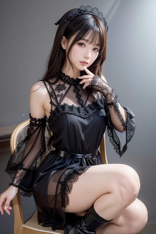 Super detailed、Japanese、charming beauty、seductive adult woman、Dainty woman、sharp eyes、cool girl、wavy hair、suit、Black chiffon、lacy fabric、wide sleeve、wearing a lace insert dress、white blouse、flare skirt、pantyhose、Shiny legs、evilの幹部、evil depravity、brainwashing、Mind control、lipstick、grin、邪evilなな表情、evil、empty eyes、邪evilな、one girl in a dark factory、Are standing