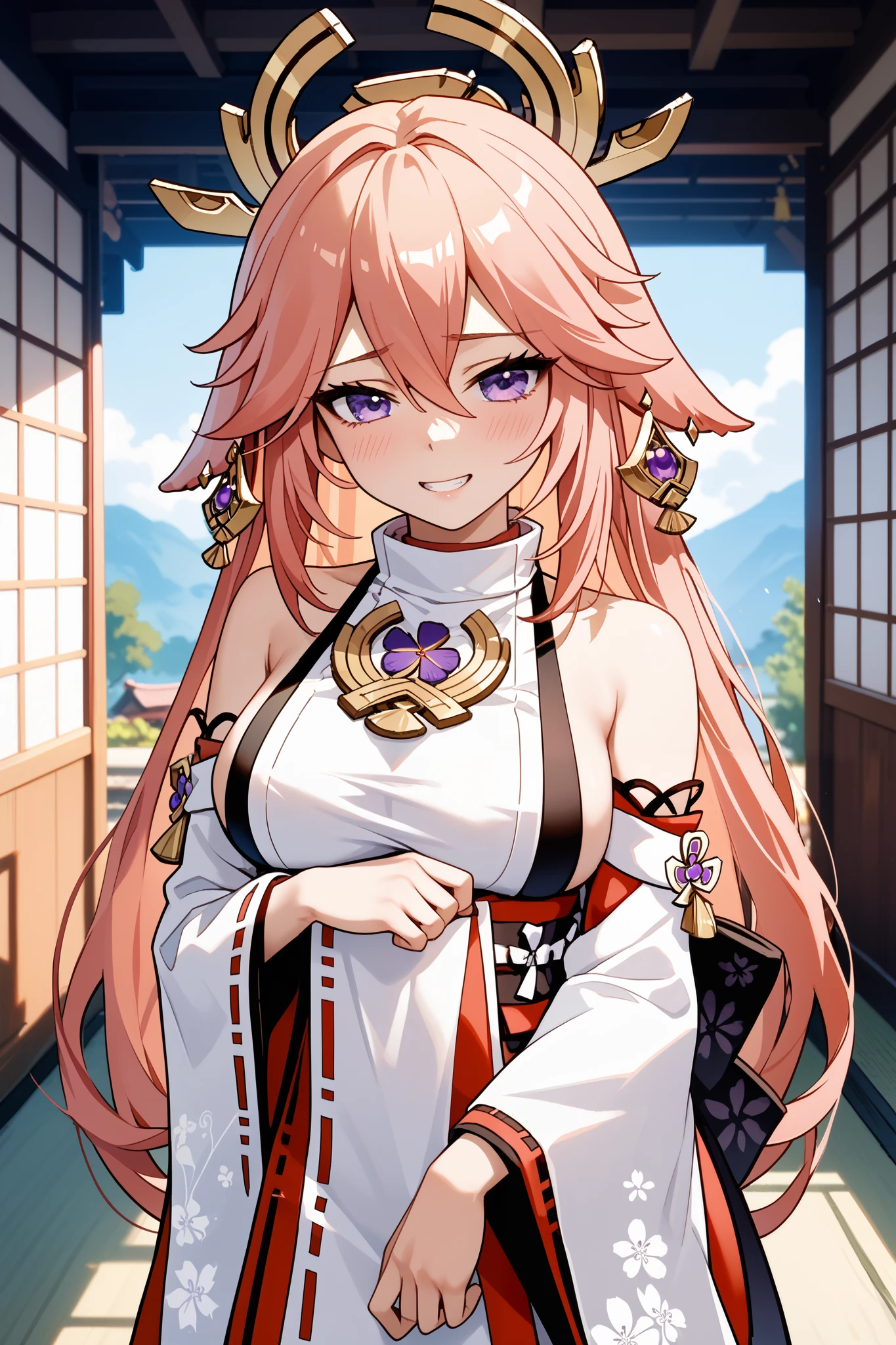 (masterpiece, best quality, ultra detailed, hyper realistic, photo),delicate pattern, detailed background, uncensored completely,
1yae miko, cowboy shot,  japanese girl, class room,
, loose collar, skirt, looking over eyewear,
hair between eyes,
put up index finger and one hand on hip,  angry with puffed cheeks,
from above, leaning forward,
