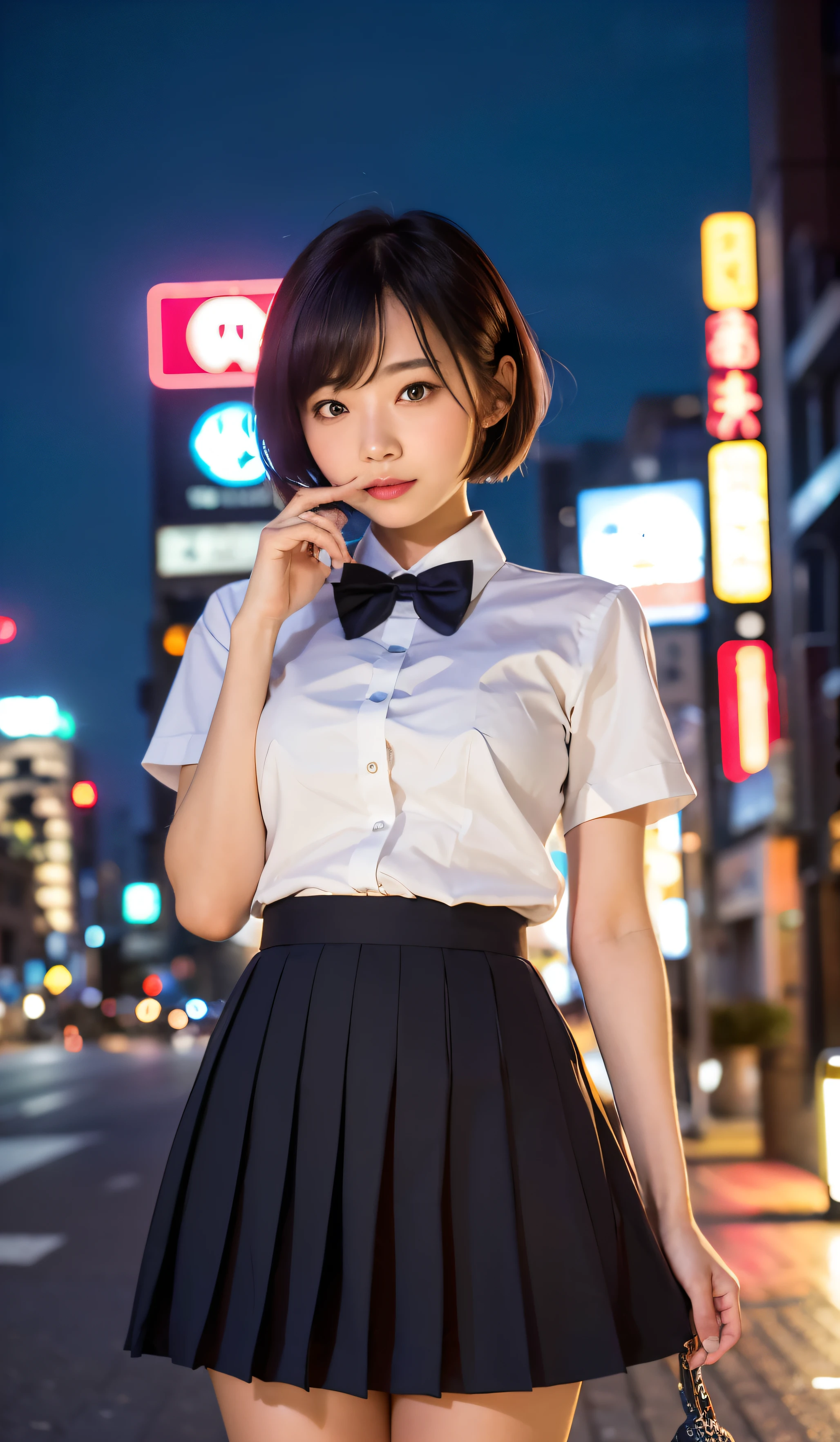 (((8K,High detail,High Detail、masterpiece,Attention to detail,Whole Body Ezbian,solo))),RAW Photos & Realistic atmosphere,Beautiful dark brown eyes,Mouth details,Glossy Lips,Fine eyebrows,With soft white skin that shines in every detail、Realistic eyes down to the last detail、Dark brown eyes,Very beautiful eyes and pupils,Detailed lips、Very beautiful face,Very well-formed face、A vivid face,Beautiful, shining lips, photo realistic, realistic young gravure idol, Very beautiful school girl, , Young Sensual Gravure Idol, Young and slim gravure idol, Beautiful and cute, ((Japanese))、Cute Korean idol style,Black Hair,(Black camisole),mini skirt、(((midnight、Night in the city、Standing on the sidewalk:1.4))),(spread legs wide:1.4),(girl's pussy),She is holding the front hem of her skirt up with her right hand、(She is holding up the front of her skirt with her right hand:1.4)、Lower body without underwear,(no under hair),(Spreading her legs),(15years old),(girl),solo,short cut hair,(looking at viewer),flat chest,Narrow waist,Wearing loafers,full body,bottomless