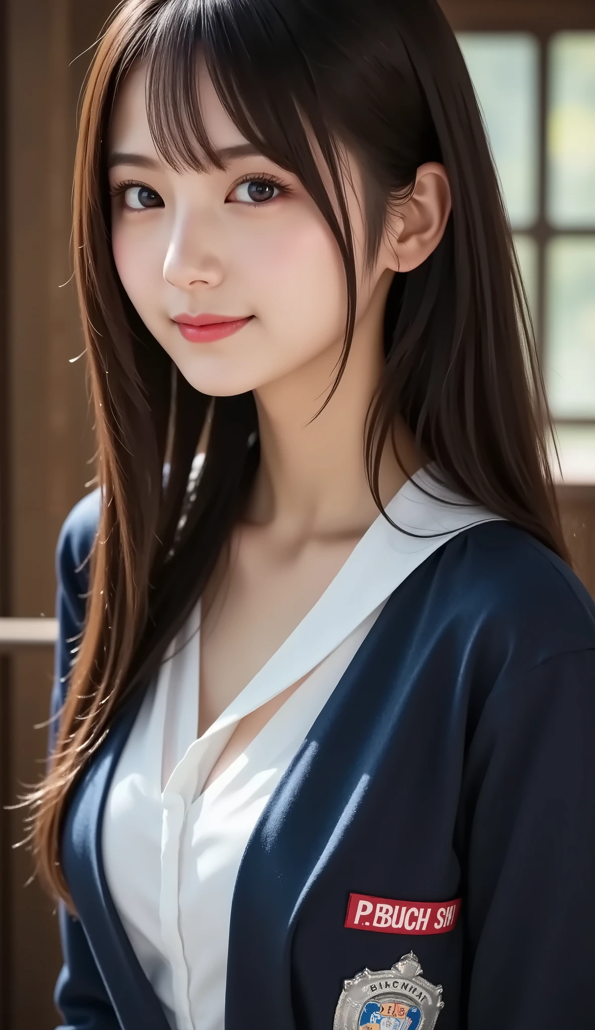 (a state where the face is accurately positioned in the center of the image: 1.5), (upper breast: 1.5), (fully reflects the entire head: 1.5), (Face clearly visible: 1.2)、 (Female police officer : 1.5), (The Iron Grid Prison in the Dark : 1.5), long hair、bangs, smile, young and cute japanese face , official art, high image quality CG Unity 8k wallpaper,Ultra high image quality , very well detailed, high image quality , FILM GRAIN , lens flare glow , Best Quality ,8k, as a portrait shot ,8k, viewer , (( masterpiece)), (( Best Quality )), ( very well detailed), (( it's cute )), (( sexy)), (( very well detailedな)), ( Detailwear Features ), ( beautiful), illustration of a woman with a penis , beautiful Japanese woman, (( ladies 1 )), (Tight Chest : 1.3)