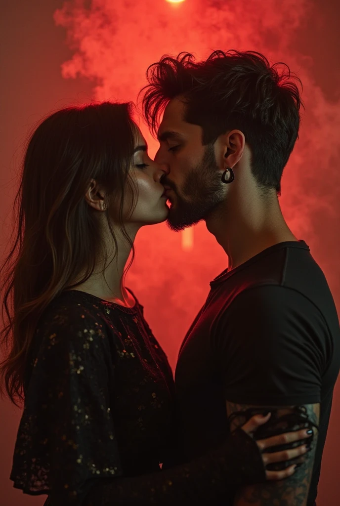 Hot couple, red and black fantasy type background, on bed, her under him, close proximity, he has no beared, he has shirt on, she wore dress, make out