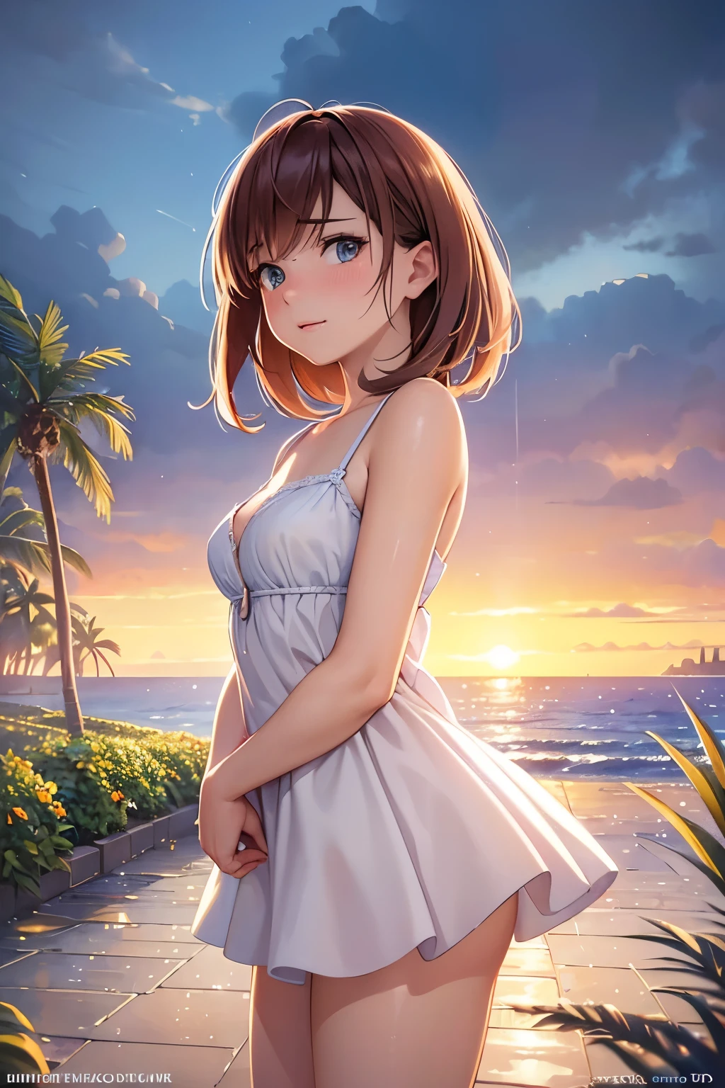 1girl in, autumnal, Autumn_Leaves, bangss, the beach, Blue_skyporn, red blush, breastsout, brown_hair, Closed_Mouth, cloud, cloudy_skyporn, clavicle, tag, doress, deph of field, florals, flower_field, Horizon, lake, fronds, up looking_in_viewer, mont, mountainous_Horizon, mare, plein air, coconut palms_tree, flower petals, a plant, Red_flower, Short_hair, Skirt_Hold, Sky, A smile, solo, is standing, Sunset, The tree, mystery, Eau, white_Dress, perfect eyes,Sexy costume、Random Poses