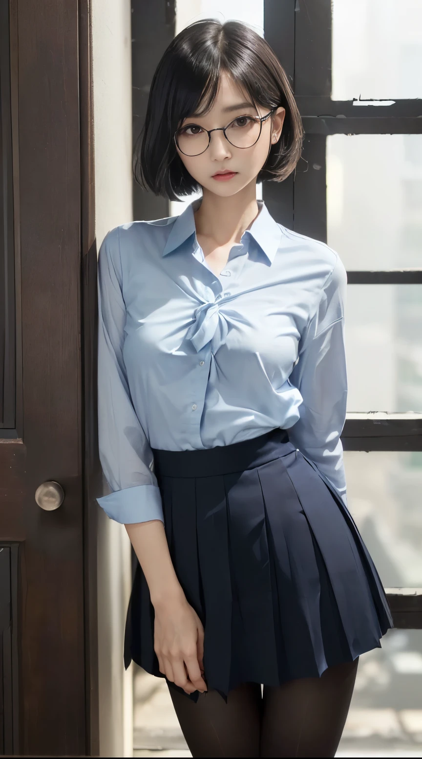(detailed beautiful eyes and detailed face, masterpiece side light, masterpiece, best quality, detailed, High resolution illustrations), (1 girl, beautiful girl, Glowing skin, look down, Looking at the audience), ( Sky blue long hair, Pink Eyes, skirt, ribbon, Button-down shirts) 45 degrees, top view, sideways, (Hand details)