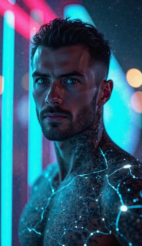 Young man with shimmering cyberpunk 2077 style body markings, brown hair shaved on the sides and green eyes.