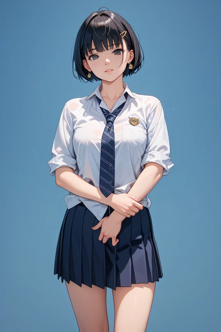 1 woman, 17 years old, (short haircut, brown hair), scared face expression, plump body, blue eyes, Indonesian high-school uniform, (wearing transparent white shirt, showing bra), osis logo on shirt pocket, huge XL breasts, light-grey pleated skirt, sitting on a chair, seductive pose, full body shot, smiling, in the classroom.