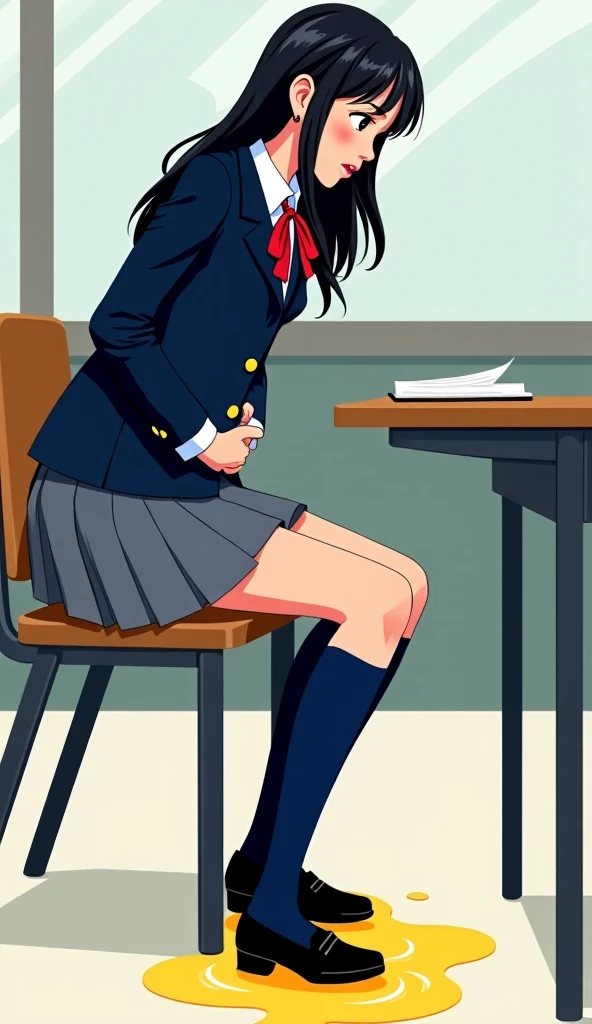 lilandavastyle, score_9, score_8_up, score_7_up, detailed facial features, perfect face, highly detailed face, highly detailed eyes, 1girl, flat chest, long black hair, eyeliner, eyeshadow, expressionless, open lips, eyes half-open, shy blush, black knee high socks, black pleated skirt, white button down shirt, black boots, thigh high black socks, open jacket, blazer, (panties pulled down, sitting at desk in classroom, under table, sitting across viewer, fingering pussy, legs spread, pussy juice)