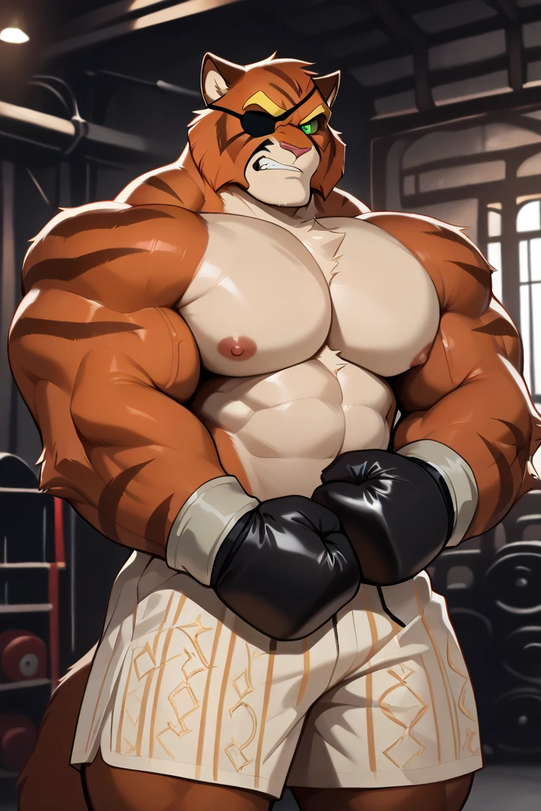 Glamrock overly muscular adult Freddy wears a small white towel on his waist wet inside a sauna with a self-confident sexy and flirtatious look