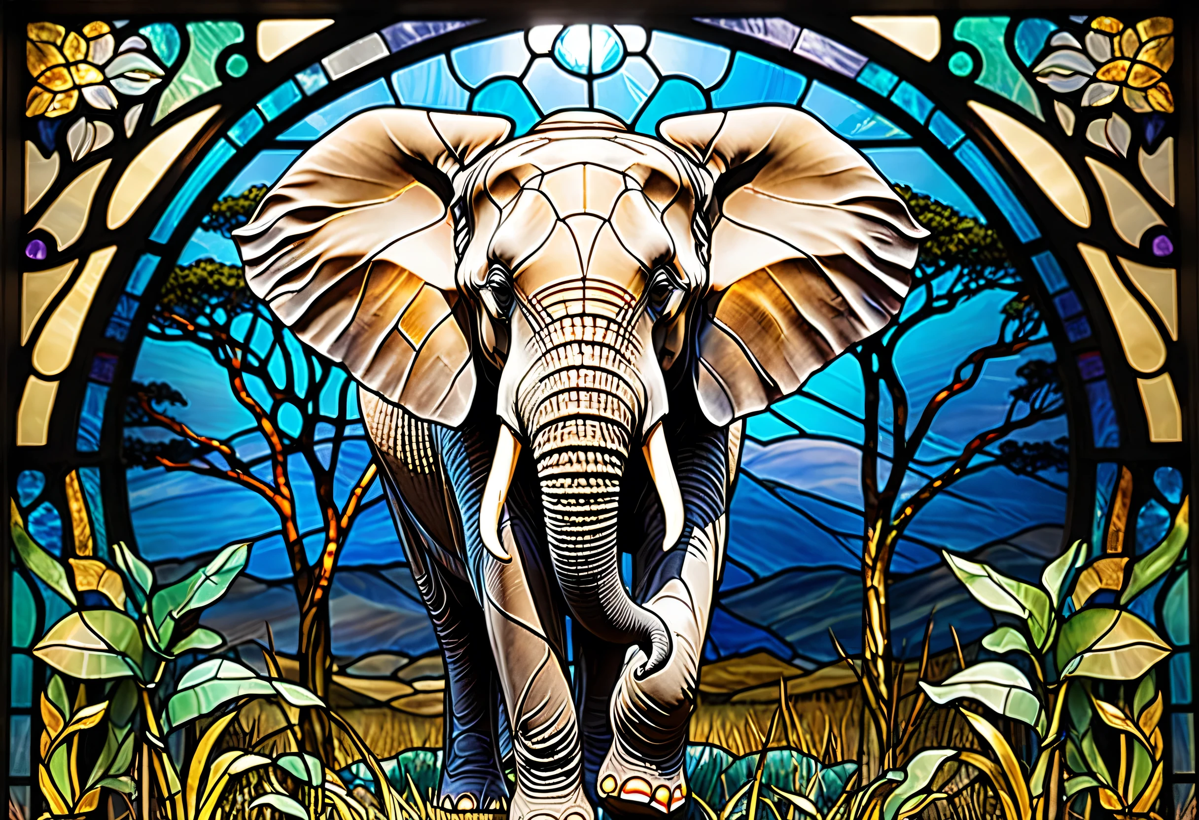 Close up of a powerful elephant in the savanna in the morning sun、Stained Glassアート、Stained Glassスタイル、sparkling stained glass background、elephant-themed、colorful stained glass、gothic stained glass style、backlit stained glass、complex stained glass、Stained Glass、Stained Glass、psychedelic elephant、inspired by Louis Comfort Tiffany、Stained Glass!,Art Nouveau aesthetics